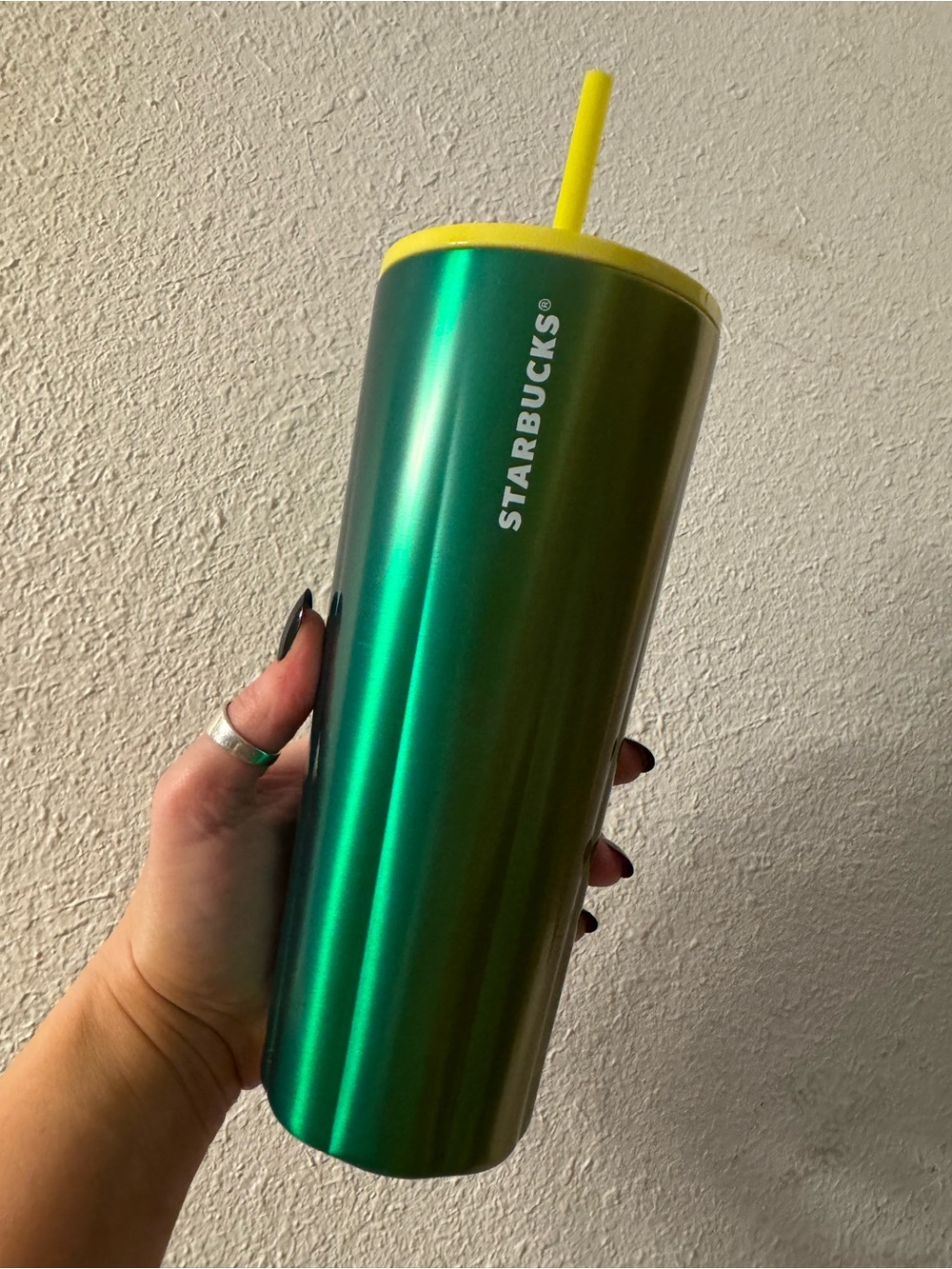 Starbucks Green Metallic Tumbler with Yellow Lid and Straw